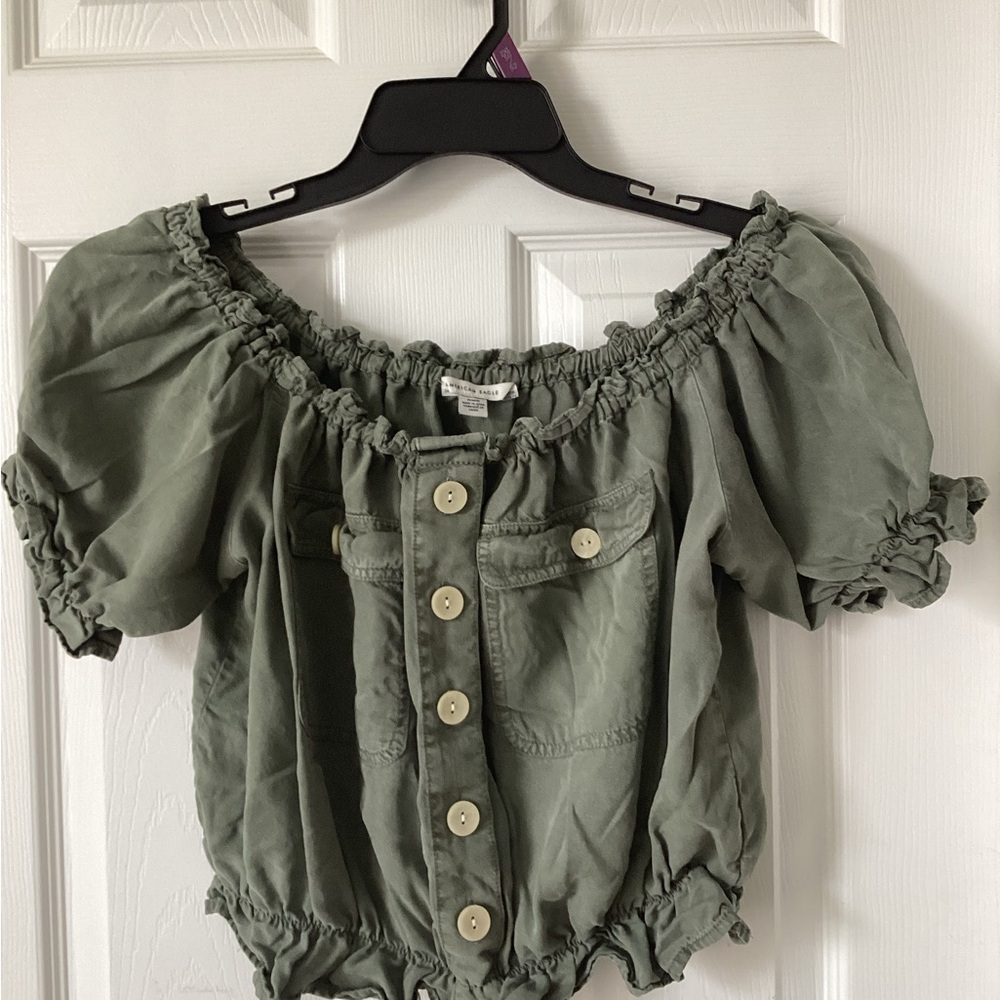 American Eagle Outfitters off the shoulder Olive Button-Up Top